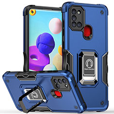 Funda Bumper Silicona y Plastico Mate Carcasa con Magnetico Anillo de dedo Soporte QW1 para Samsung Galaxy A21s Azul