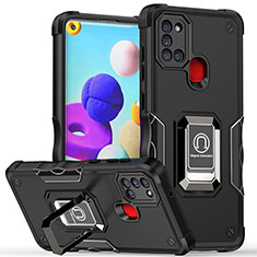 Funda Bumper Silicona y Plastico Mate Carcasa con Magnetico Anillo de dedo Soporte QW1 para Samsung Galaxy A21s Negro