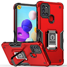 Funda Bumper Silicona y Plastico Mate Carcasa con Magnetico Anillo de dedo Soporte QW1 para Samsung Galaxy A21s Rojo