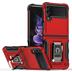 Funda Bumper Silicona y Plastico Mate Carcasa con Magnetico Anillo de dedo Soporte QW1 para Samsung Galaxy Z Flip4 5G Rojo