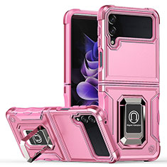 Funda Bumper Silicona y Plastico Mate Carcasa con Magnetico Anillo de dedo Soporte QW1 para Samsung Galaxy Z Flip4 5G Rosa