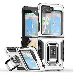 Funda Bumper Silicona y Plastico Mate Carcasa con Magnetico Anillo de dedo Soporte QW1 para Samsung Galaxy Z Flip5 5G Plata