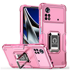 Funda Bumper Silicona y Plastico Mate Carcasa con Magnetico Anillo de dedo Soporte QW1 para Xiaomi Poco X4 Pro 5G Oro Rosa