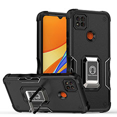 Funda Bumper Silicona y Plastico Mate Carcasa con Magnetico Anillo de dedo Soporte QW1 para Xiaomi Redmi 9C NFC Negro