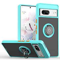 Funda Bumper Silicona y Plastico Mate Carcasa con Magnetico Anillo de dedo Soporte QW2 para Google Pixel 7 5G Cian