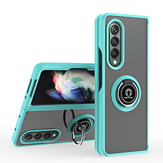 Funda Bumper Silicona y Plastico Mate Carcasa con Magnetico Anillo de dedo Soporte QW2 para Samsung Galaxy Z Fold4 5G Cian