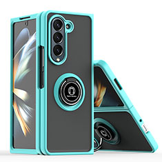 Funda Bumper Silicona y Plastico Mate Carcasa con Magnetico Anillo de dedo Soporte QW2 para Samsung Galaxy Z Fold5 5G Cian