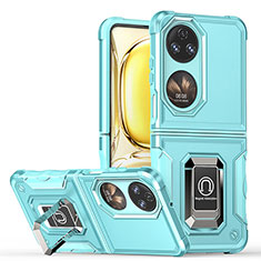 Funda Bumper Silicona y Plastico Mate Carcasa con Magnetico Anillo de dedo Soporte QW3 para Huawei P50 Pocket Azul Claro