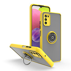 Funda Bumper Silicona y Plastico Mate Carcasa con Magnetico Anillo de dedo Soporte QW3 para Samsung Galaxy F02S SM-E025F Amarillo