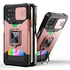 Funda Bumper Silicona y Plastico Mate Carcasa con Magnetico Anillo de dedo Soporte QW3 para Samsung Galaxy F12 Oro Rosa