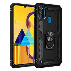 Funda Bumper Silicona y Plastico Mate Carcasa con Magnetico Anillo de dedo Soporte QW3 para Samsung Galaxy M21 Negro