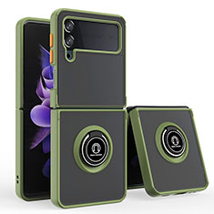 Funda Bumper Silicona y Plastico Mate Carcasa con Magnetico Anillo de dedo Soporte QW3 para Samsung Galaxy Z Flip4 5G Ejercito Verde