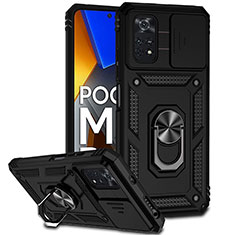 Funda Bumper Silicona y Plastico Mate Carcasa con Magnetico Anillo de dedo Soporte QW3 para Xiaomi Poco M4 Pro 4G Negro