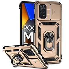 Funda Bumper Silicona y Plastico Mate Carcasa con Magnetico Anillo de dedo Soporte QW3 para Xiaomi Poco M4 Pro 4G Oro