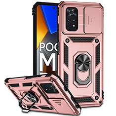 Funda Bumper Silicona y Plastico Mate Carcasa con Magnetico Anillo de dedo Soporte QW3 para Xiaomi Poco M4 Pro 4G Oro Rosa