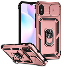 Funda Bumper Silicona y Plastico Mate Carcasa con Magnetico Anillo de dedo Soporte QW3 para Xiaomi Redmi 9i Oro Rosa