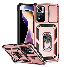 Funda Bumper Silicona y Plastico Mate Carcasa con Magnetico Anillo de dedo Soporte QW3 para Xiaomi Redmi Note 11 Pro+ Plus 5G Oro Rosa