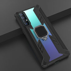 Funda Bumper Silicona y Plastico Mate Carcasa con Magnetico Anillo de dedo Soporte R01 para Oppo Reno3 Pro Negro