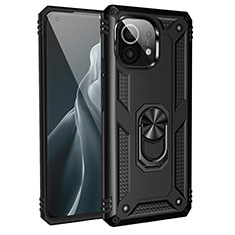 Funda Bumper Silicona y Plastico Mate Carcasa con Magnetico Anillo de dedo Soporte R01 para Xiaomi Mi 11 5G Negro