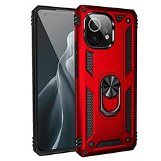 Funda Bumper Silicona y Plastico Mate Carcasa con Magnetico Anillo de dedo Soporte R01 para Xiaomi Mi 11 5G Rojo