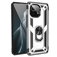 Funda Bumper Silicona y Plastico Mate Carcasa con Magnetico Anillo de dedo Soporte R01 para Xiaomi Mi 11 Lite 4G Plata