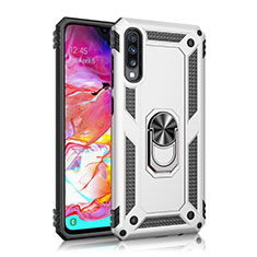 Funda Bumper Silicona y Plastico Mate Carcasa con Magnetico Anillo de dedo Soporte R02 para Samsung Galaxy A70 Plata