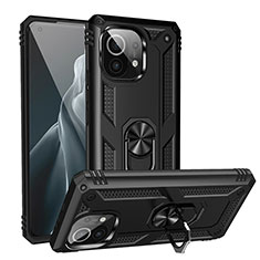 Funda Bumper Silicona y Plastico Mate Carcasa con Magnetico Anillo de dedo Soporte R02 para Xiaomi Mi 11 Lite 4G Negro