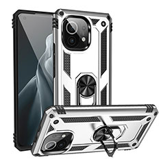 Funda Bumper Silicona y Plastico Mate Carcasa con Magnetico Anillo de dedo Soporte R02 para Xiaomi Mi 11 Lite 4G Plata