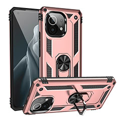 Funda Bumper Silicona y Plastico Mate Carcasa con Magnetico Anillo de dedo Soporte R02 para Xiaomi Mi 11 Lite 5G NE Oro Rosa