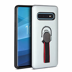 Funda Bumper Silicona y Plastico Mate Carcasa con Magnetico Anillo de dedo Soporte R03 para Samsung Galaxy S10 Blanco