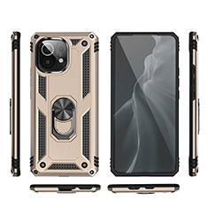 Funda Bumper Silicona y Plastico Mate Carcasa con Magnetico Anillo de dedo Soporte R03 para Xiaomi Mi 11 5G Oro