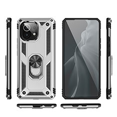 Funda Bumper Silicona y Plastico Mate Carcasa con Magnetico Anillo de dedo Soporte R03 para Xiaomi Mi 11 Lite 4G Plata