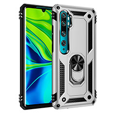 Funda Bumper Silicona y Plastico Mate Carcasa con Magnetico Anillo de dedo Soporte R03 para Xiaomi Mi Note 10 Plata