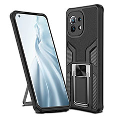 Funda Bumper Silicona y Plastico Mate Carcasa con Magnetico Anillo de dedo Soporte R04 para Xiaomi Mi 11 Lite 4G Negro