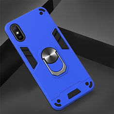 Funda Bumper Silicona y Plastico Mate Carcasa con Magnetico Anillo de dedo Soporte R04 para Xiaomi Redmi 9A Azul