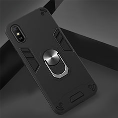 Funda Bumper Silicona y Plastico Mate Carcasa con Magnetico Anillo de dedo Soporte R04 para Xiaomi Redmi 9A Negro