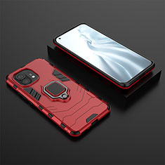 Funda Bumper Silicona y Plastico Mate Carcasa con Magnetico Anillo de dedo Soporte R07 para Xiaomi Mi 11 Lite 5G NE Rojo