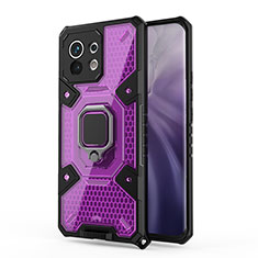 Funda Bumper Silicona y Plastico Mate Carcasa con Magnetico Anillo de dedo Soporte R08 para Xiaomi Mi 11 Lite 4G Morado