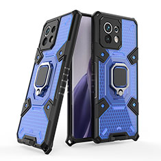 Funda Bumper Silicona y Plastico Mate Carcasa con Magnetico Anillo de dedo Soporte R09 para Xiaomi Mi 11 5G Azul