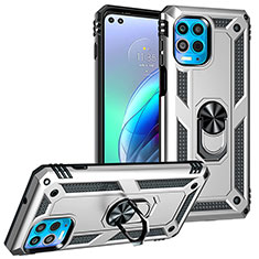 Funda Bumper Silicona y Plastico Mate Carcasa con Magnetico Anillo de dedo Soporte S01 para Motorola Moto Edge S 5G Plata