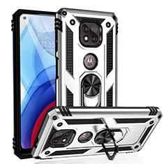 Funda Bumper Silicona y Plastico Mate Carcasa con Magnetico Anillo de dedo Soporte S01 para Motorola Moto G Power (2021) Plata