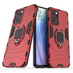 Funda Bumper Silicona y Plastico Mate Carcasa con Magnetico Anillo de dedo Soporte S01 para Oppo Reno7 5G Rojo