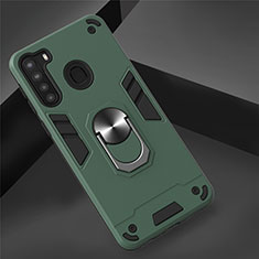 Funda Bumper Silicona y Plastico Mate Carcasa con Magnetico Anillo de dedo Soporte S01 para Samsung Galaxy A21 Verde