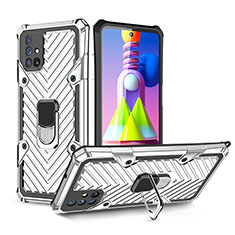 Funda Bumper Silicona y Plastico Mate Carcasa con Magnetico Anillo de dedo Soporte S01 para Samsung Galaxy M51 Plata