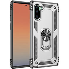 Funda Bumper Silicona y Plastico Mate Carcasa con Magnetico Anillo de dedo Soporte S01 para Samsung Galaxy Note 10 Plata