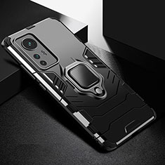 Funda Bumper Silicona y Plastico Mate Carcasa con Magnetico Anillo de dedo Soporte S01 para Xiaomi Mi 12 Lite 5G Negro