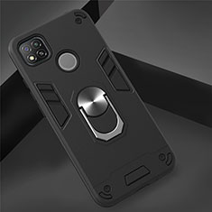 Funda Bumper Silicona y Plastico Mate Carcasa con Magnetico Anillo de dedo Soporte S01 para Xiaomi Redmi 9 India Negro