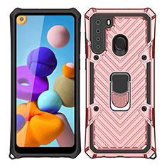 Funda Bumper Silicona y Plastico Mate Carcasa con Magnetico Anillo de dedo Soporte S02 para Samsung Galaxy A21 Oro Rosa