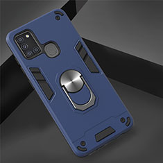 Funda Bumper Silicona y Plastico Mate Carcasa con Magnetico Anillo de dedo Soporte S02 para Samsung Galaxy A21s Azul