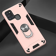 Funda Bumper Silicona y Plastico Mate Carcasa con Magnetico Anillo de dedo Soporte S02 para Samsung Galaxy A21s Oro Rosa